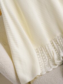 CosyJoli Plus Drop Shoulder Open Knit Ruffle Hem Sweater Formal Office Allover White Autumn Casual Elegant - Krem - View 8