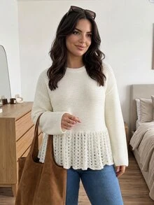 CosyJoli Plus Drop Shoulder Open Knit Ruffle Hem Sweater Formal Office Allover White Autumn Casual Elegant - Krem - View 6