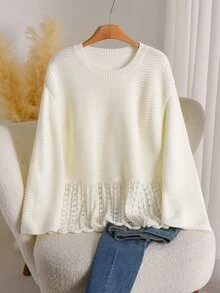 CosyJoli Plus Drop Shoulder Open Knit Ruffle Hem Sweater Formal Office Allover White Autumn Casual Elegant - Krem - View 4