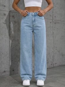 SHEIN ICON 女款休閒水洗水鑽直筒牛仔褲秋季服飾 - 淺色水洗藍 - 查看 6