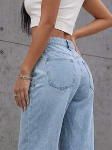 SHEIN ICON 女款休閒水洗水鑽直筒牛仔褲秋季服飾 - 淺色水洗藍 - 查看 5