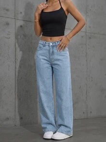 SHEIN ICON 女款休閒水洗水鑽直筒牛仔褲秋季服飾 - 淺色水洗藍 - 查看 3