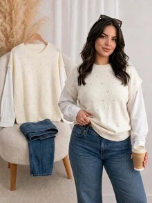 CosyJoli Plus Size Elegant Casual Baggy Hollow Out Commuter Versatile Minimalist Blouse Woven Shirt Cream Knit Sweater Top For Women Autumn Office Formal - Beige - View 2