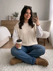 CosyJoli Plus Size Elegant Casual Baggy Hollow Out Commuter Versatile Minimalist Blouse Woven Shirt Cream Knit Sweater Top For Women Autumn Office Formal - Beige - View 6