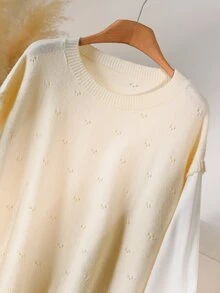 CosyJoli Plus Size Elegant Casual Baggy Hollow Out Commuter Versatile Minimalist Blouse Woven Shirt Cream Knit Sweater Top For Women Autumn Office Formal - Beige - View 7