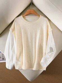 CosyJoli Plus Size Elegant Casual Baggy Hollow Out Commuter Versatile Minimalist Blouse Woven Shirt Cream Knit Sweater Top For Women Autumn Office Formal - Beige - View 4