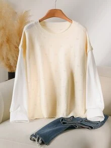 CosyJoli Plus Size Elegant Casual Baggy Hollow Out Commuter Versatile Minimalist Blouse Woven Shirt Cream Knit Sweater Top For Women Autumn Office Formal - Beige - View 3