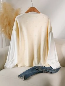 CosyJoli Plus Size Elegant Casual Baggy Hollow Out Commuter Versatile Minimalist Blouse Woven Shirt Cream Knit Sweater Top For Women Autumn Office Formal - Beige - View 5