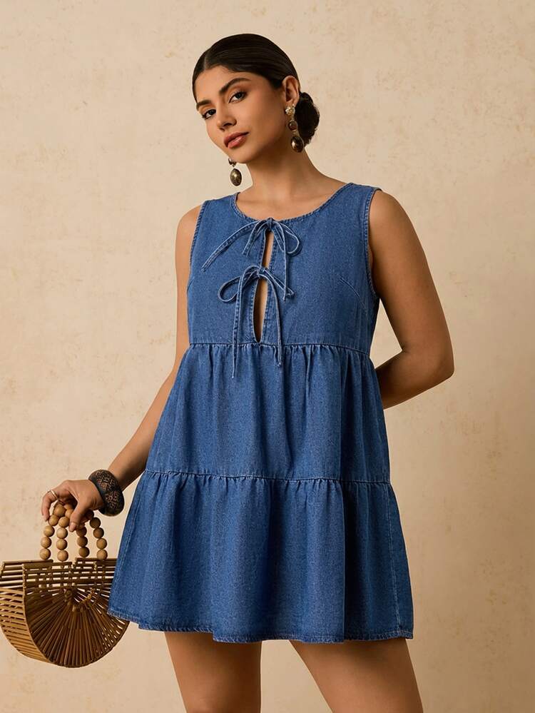 Travachic Plus Size Women's Solid Color Round Neck Sleeveless Tie Waist Ruffle Hem Denim Summer Dress Fall - Blue - View 6
