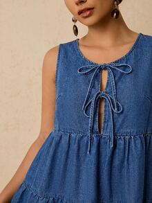 Travachic Plus Size Women's Solid Color Round Neck Sleeveless Tie Waist Ruffle Hem Denim Summer Dress Fall - Blue - View 4