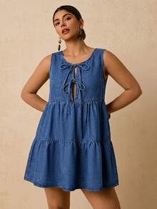 Travachic Plus Size Women's Solid Color Round Neck Sleeveless Tie Waist Ruffle Hem Denim Summer Dress Fall - Blue - View 8