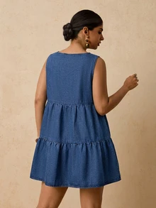 Travachic Plus Size Women's Solid Color Round Neck Sleeveless Tie Waist Ruffle Hem Denim Summer Dress Fall - Blue - View 2