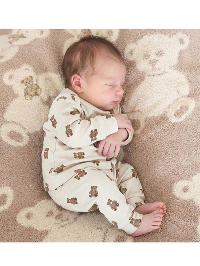 SHEIN Newborn Baby Girl Casual Cute Cartoon Pattern Knit Long Sleeve Top And Pants Pajama Set,Kids Neutral