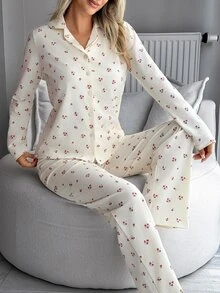 SHEIN Cream Ditsy Floral Print Button-Up Long Sleeve Top & Pants Pajama Set - Beige - View 4