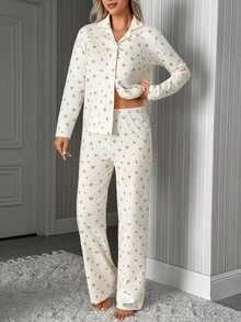 SHEIN Cream Ditsy Floral Print Button-Up Long Sleeve Top & Pants Pajama Set - Beige - View 3