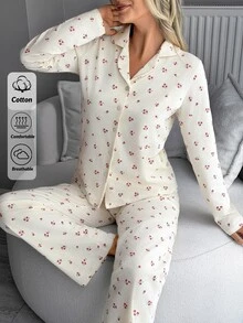 SHEIN Cream Ditsy Floral Print Button-Up Long Sleeve Top & Pants Pajama Set - Beige - View 5