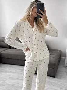 SHEIN Cream Ditsy Floral Print Button-Up Long Sleeve Top & Pants Pajama Set - Beige - View 7