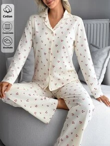 SHEIN Cream Ditsy Floral Print Button-Up Long Sleeve Top & Pants Pajama Set - Beige - View 6