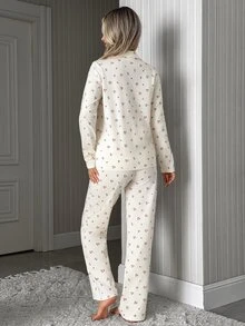 SHEIN Cream Ditsy Floral Print Button-Up Long Sleeve Top & Pants Pajama Set - Beige - View 2