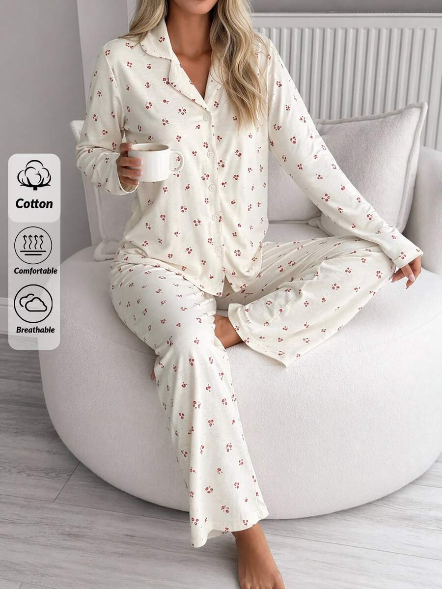 SHEIN Cream Ditsy Floral Print Button-Up Long Sleeve Top & Pants Pajama Set - Beige - View 1