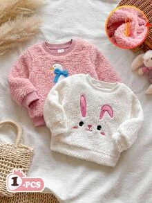 SHEIN 女嬰可愛粉色毛絨套頭運動衫，附卡通3D動物刺繡圖案 - 粉色 - 查看 7