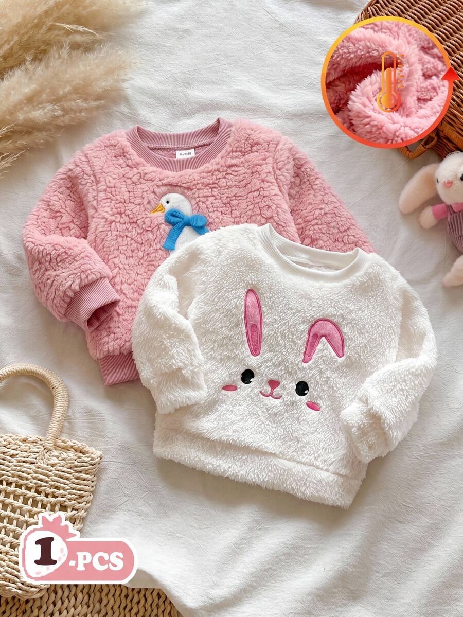 SHEIN Baby Girl Cute Pink Plush Pullover Sweatshirt With Cartoon 3D Animal Embroidery Pattern - Pink - View 1
