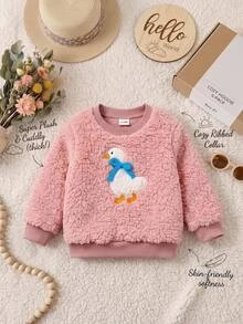 SHEIN 女嬰可愛粉色毛絨套頭運動衫，附卡通3D動物刺繡圖案 - 粉色 - 查看 8