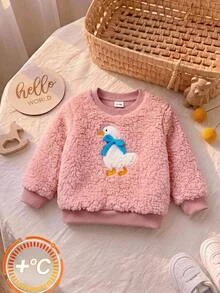SHEIN 女嬰可愛粉色毛絨套頭運動衫，附卡通3D動物刺繡圖案 - 粉色 - 查看 1