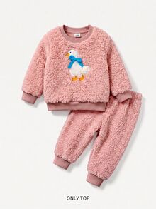 SHEIN 女嬰可愛粉色毛絨套頭運動衫，附卡通3D動物刺繡圖案 - 粉色 - 查看 6
