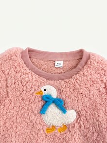 SHEIN 女嬰可愛粉色毛絨套頭運動衫，附卡通3D動物刺繡圖案 - 粉色 - 查看 5