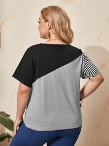 EMERY ROSE Plus Striped Print Colorblock Tee, Summer,Flower/Vacation/Spring - Multicolor - View 3