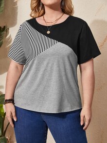 EMERY ROSE Plus Striped Print Colorblock Tee, Summer,Flower/Vacation/Spring - Multicolor - View 4