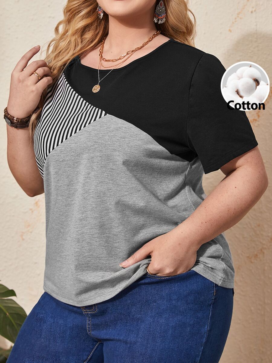 EMERY ROSE Plus Striped Print Colorblock Tee, Summer,Flower/Vacation/Spring - Multicolor - View 1