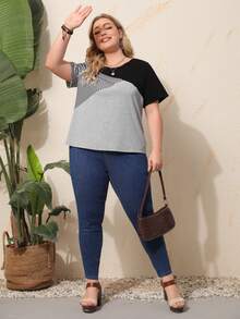 EMERY ROSE Plus Striped Print Colorblock Tee, Summer,Flower/Vacation/Spring - Multicolor - View 6