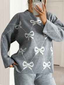 SHEIN Soft Girl Cute Jacquard Bow Pattern Relaxed Knit Co-Ord Set - Grey - View 8