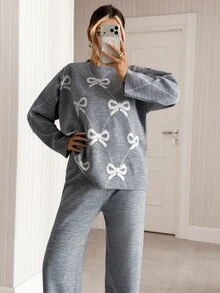 SHEIN Soft Girl Cute Jacquard Bow Pattern Relaxed Knit Co-Ord Set - Grey - View 6