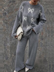SHEIN Soft Girl Cute Jacquard Bow Pattern Relaxed Knit Co-Ord Set - Grey - View 3