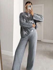 SHEIN Soft Girl Cute Jacquard Bow Pattern Relaxed Knit Co-Ord Set - Grey - View 7