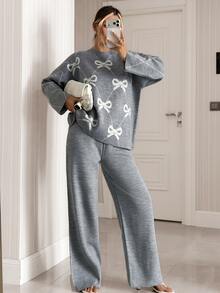 SHEIN Soft Girl Cute Jacquard Bow Pattern Relaxed Knit Co-Ord Set - Grey - View 4