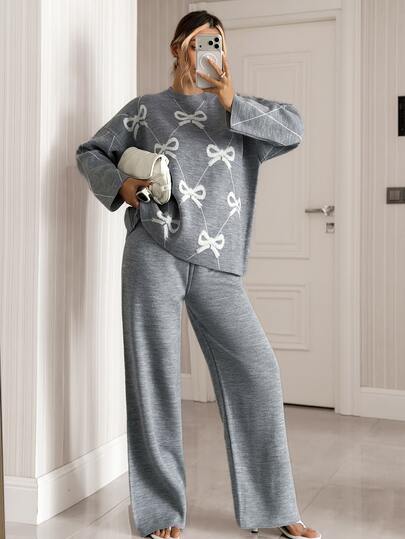 SHEIN Set coordonat relaxat din tricot jacquard cu model cu funde, stil Soft Girl, casual și drăguț, gri, pentru brunch, toamnă-iarnă