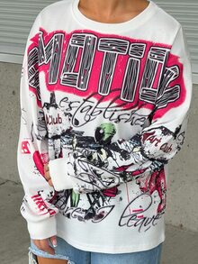 SAYEHFBABY Women's Graffiti Print Oversized Crew Neck Drop Shoulder Long Sleeve Sweatshirt - Multicolor - View 5
