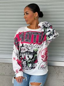 SAYEHFBABY Women's Graffiti Print Oversized Crew Neck Drop Shoulder Long Sleeve Sweatshirt - Multicolor - View 1