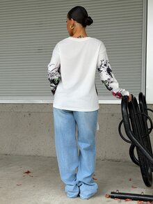 SAYEHFBABY Women's Graffiti Print Oversized Crew Neck Drop Shoulder Long Sleeve Sweatshirt - Multicolor - View 2