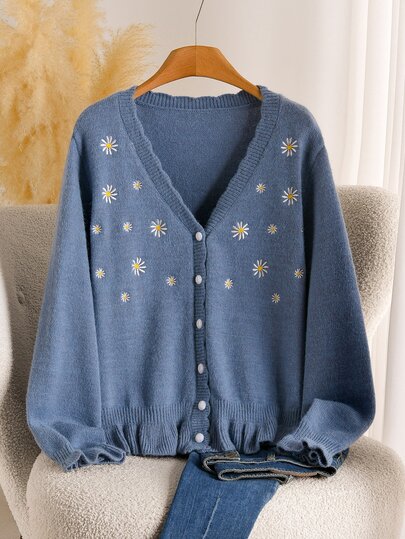 CosyJoli Plus Size Elegant French Style Pearl Button Daisy Embroidered Casual Machine Knit Cardigan Sweater Top For Women