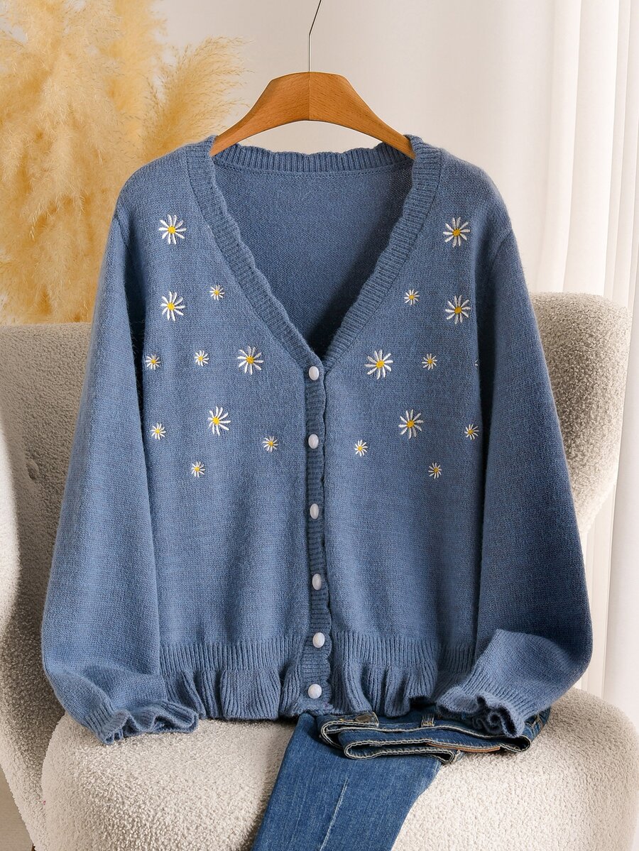 CosyJoli Plus Size Elegant French Style Pearl Button Daisy Embroidered Casual Machine Knit Cardigan Sweater Top For Women - Royal Blue - View 1