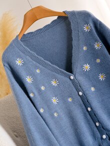 CosyJoli Plus Size Elegant French Style Pearl Button Daisy Embroidered Casual Machine Knit Cardigan Sweater Top For Women - Royal Blue - View 7