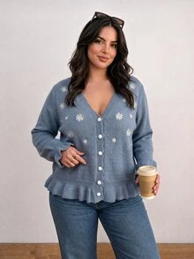 CosyJoli Plus Size Elegant French Style Pearl Button Daisy Embroidered Casual Machine Knit Cardigan Sweater Top For Women - Royal Blue - View 4