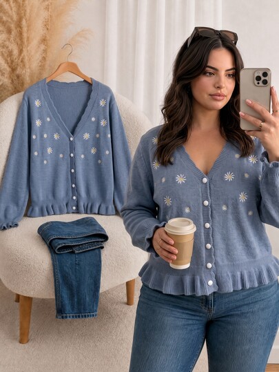 CosyJoli Plus Size Elegant French Style Pearl Button Daisy Embroidered Casual Machine Knit Cardigan Sweater Top For Women