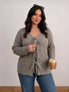 CosyJoli Plus Size Elegant French Casual Commute Versatile Minimalist Textured Knit Bow Cardigan Sweater Top For Women - Khaki - View 5
