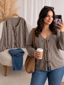 CosyJoli Plus Size Elegant French Casual Commute Versatile Minimalist Textured Knit Bow Cardigan Sweater Top For Women - Khaki - View 1